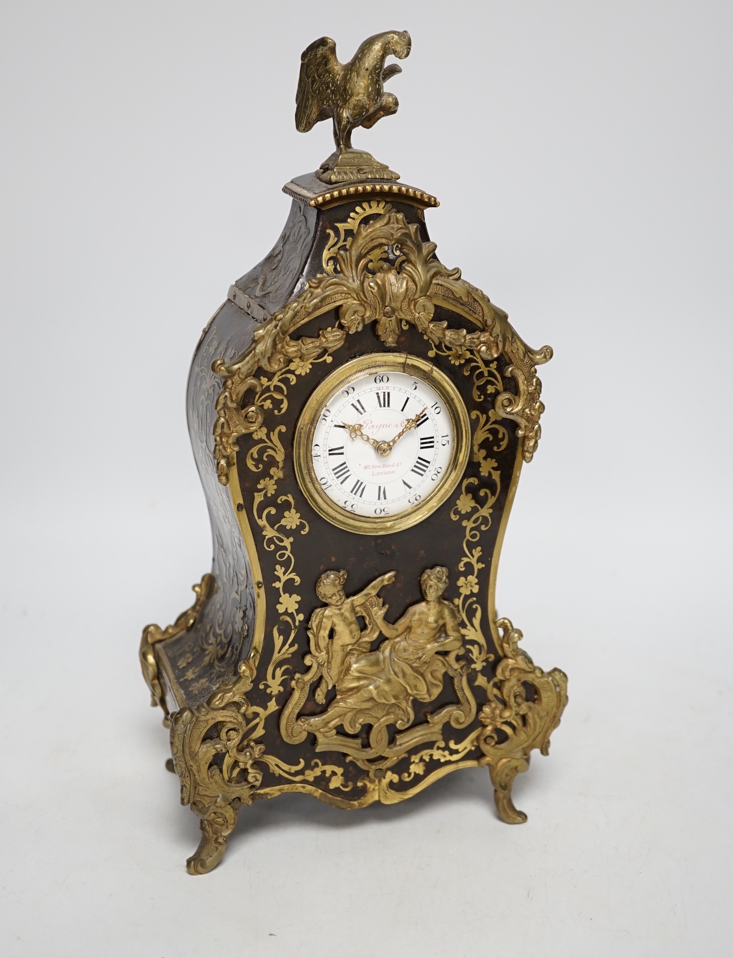 A French Boullework mantel timepiece, retailed by Payne's, with balance escapement, 31.5cm